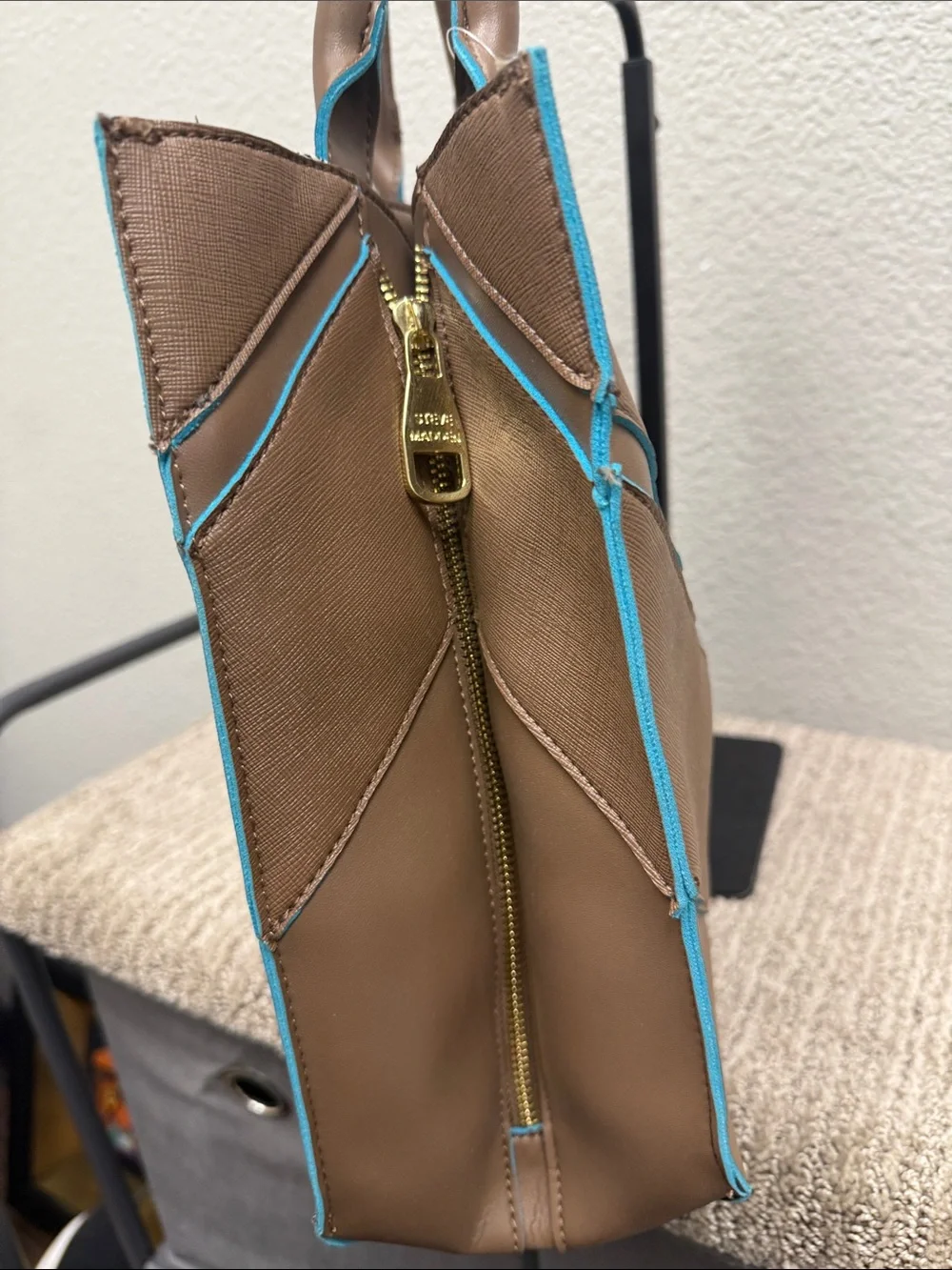 Vintage Steve Madden B Garrett Safiano Brown  Chevron Tote with Teal Trim